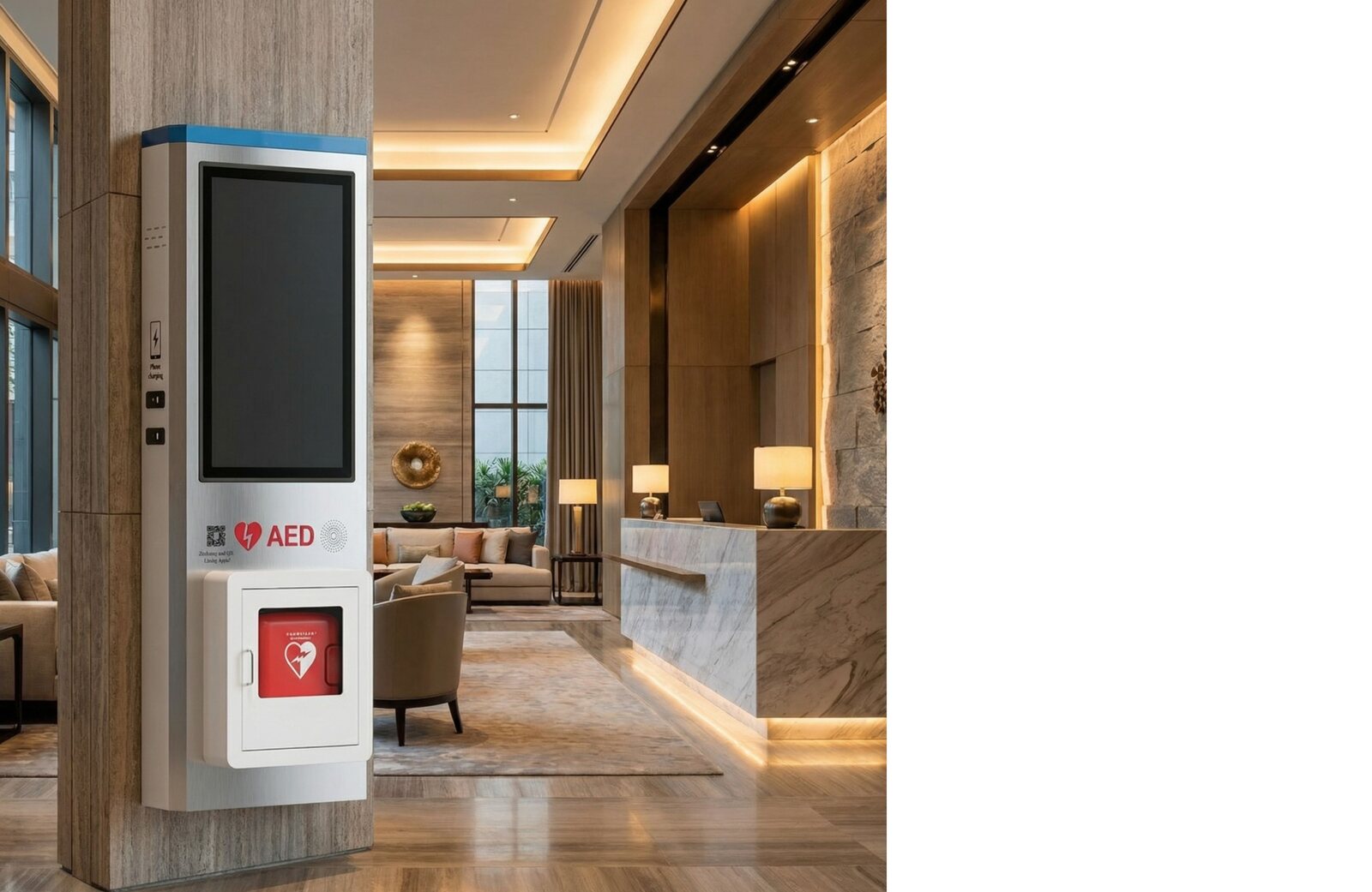 Tower of Life INDOOR &mdash; naścienny moduł z AED w lobby hotelu