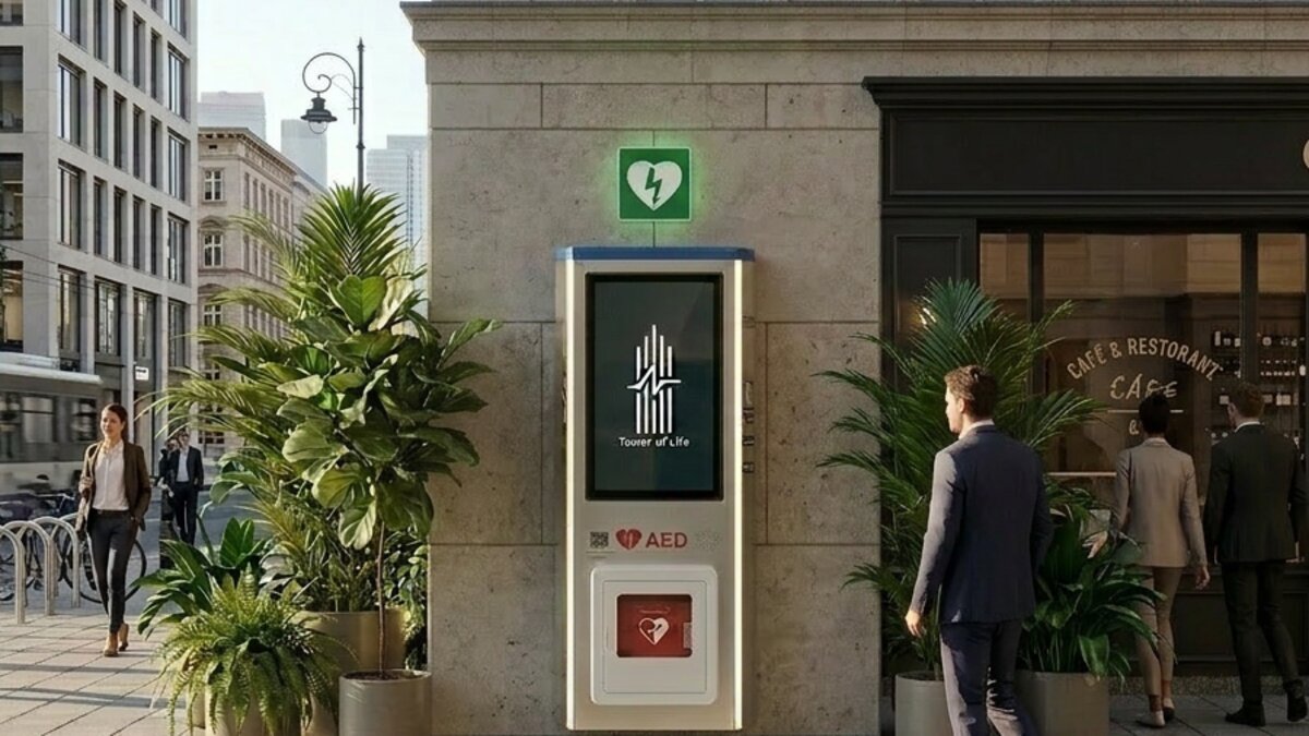 Tower of Life FACADE — moduł naścienny z AED i ekranem multimedialnym na elewacji budynku