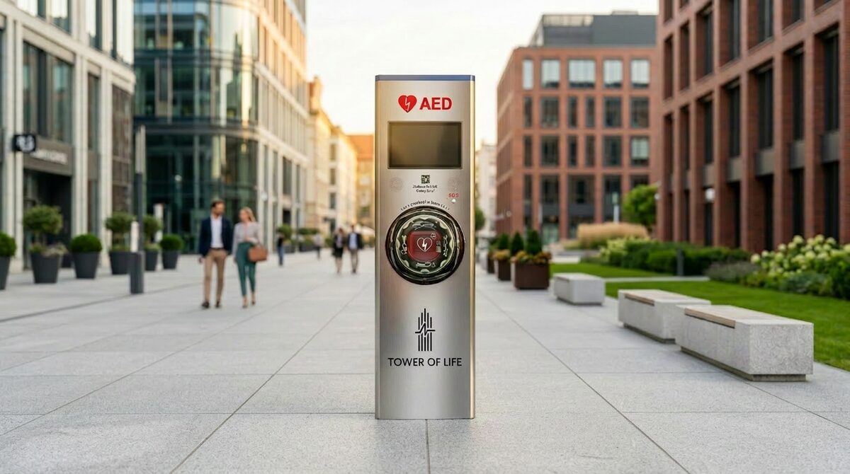 Tower of Life VISION — wieża z AED i ekranem multimedialnym, ładowarką USB i kodem QR